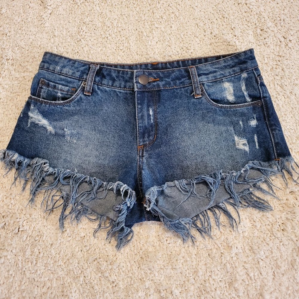 STS Blue Denim Distressed Ripped Fringe Hem Shorts Size 28
